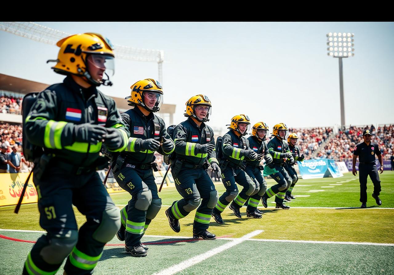 Firefighters competing in a stadium event during the World Firefighters Games